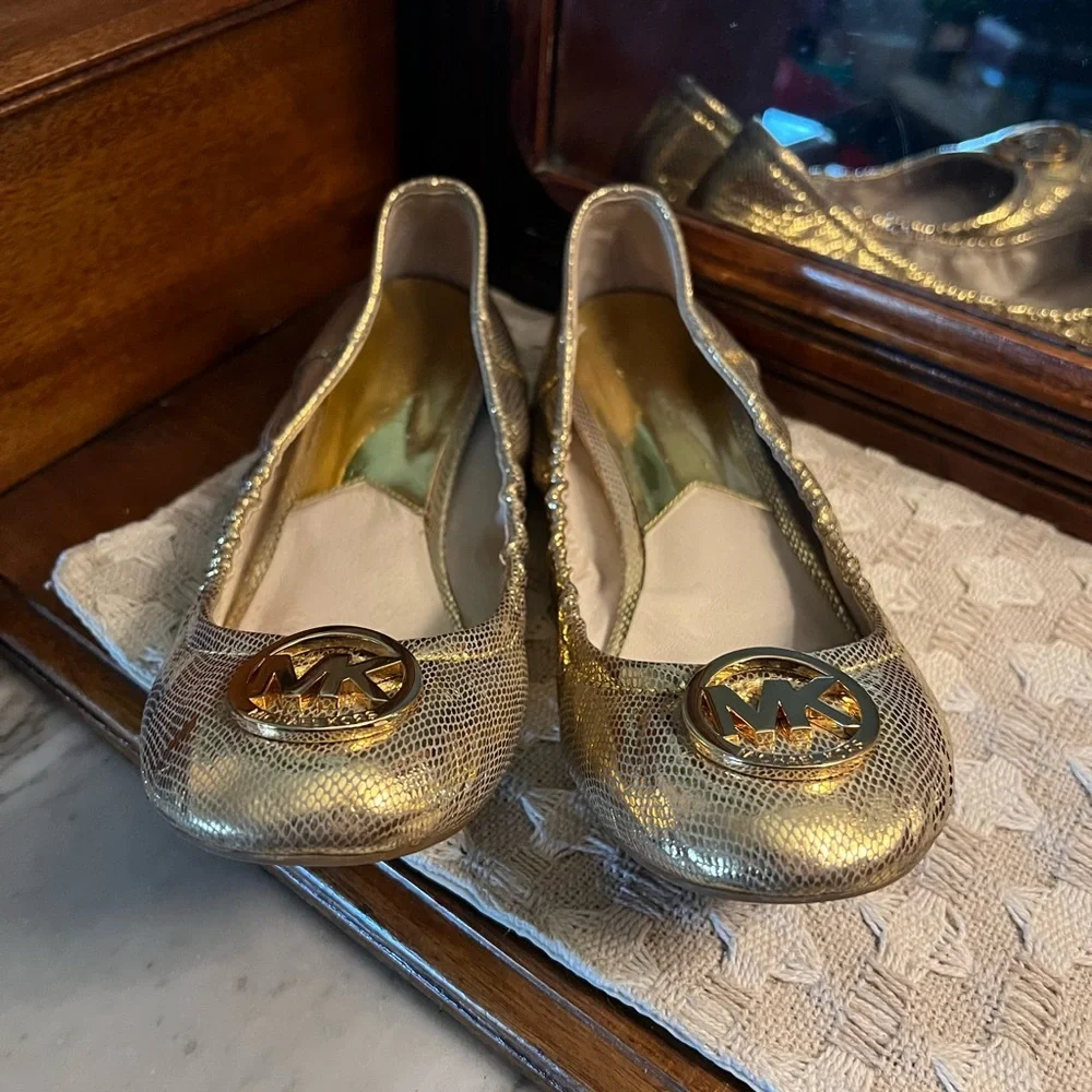 MICHAEL KORS Classic Fulton‎ Python Embossed Ballet Flats Gold Metallic Wms Sz 8